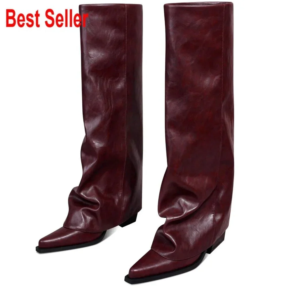 Faux Leather Over the Knee Boots with Chunky Heel and Pointed Toe